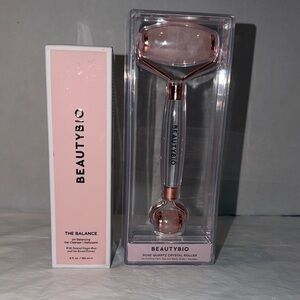 BeautyBio Rose Quartz Crystal Roller + Balance pH Cleanser Luxury Set NWT